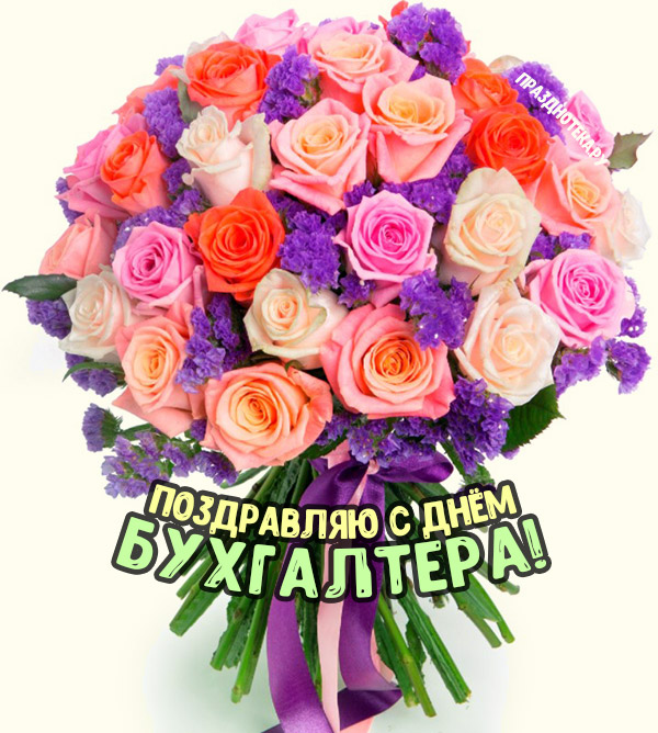 Букет разноцветных красивых роз и надпись "Поздравляю с Днём Бухгалтера!"